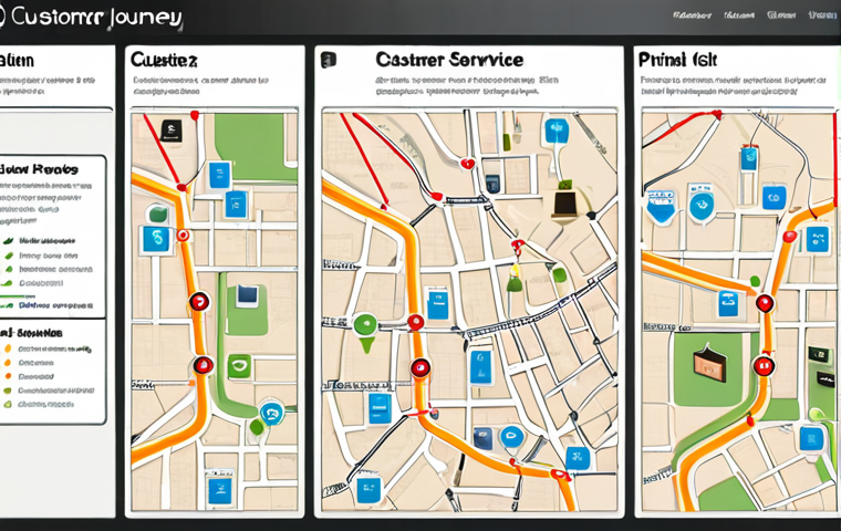 **
Prompt: Customer journey map visualization, highlighting key touchpoints (website visit, social media interaction, customer service call), personalized offers, data analysis, modern interface.
**