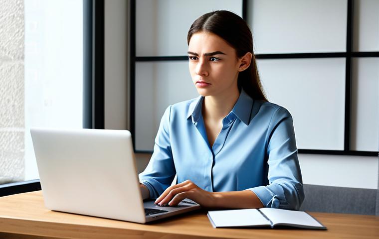 A professional-looking young woman seated at a modern desk, intensely focused on a laptop screen, a slight frown of concern on her face. She is wearing a stylish, modest business casual blouse and trousers, fully clothed, appropriate attire. The scene is a bright, contemporary home office with clean lines and soft ambient lighting. The laptop screen displays a complex e-commerce checkout page with numerous small, pre-checked boxes and a prominently changing price total, with a subtle digital glow emanating from the screen. High-resolution professional photography, sharp focus, perfect anatomy, correct proportions, natural pose, well-formed hands, proper finger count, natural body proportions, safe for work, appropriate content, professional dress, family-friendly.