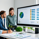A diverse team of professional individuals, including designers, engineers, and customer representatives, in modest business casual attire, collaboratively brainstorming in a brightly lit, modern design studio. The room features elements of sustainability like lush indoor plants, samples of recycled materials, and large digital displays showing eco-friendly metrics and design schematics. They are engaged in an active discussion, pointing at screens and diagrams, illustrating co-creation of sustainable products. The atmosphere is innovative and collaborative. fully clothed, appropriate attire, professional dress, safe for work, appropriate content, family-friendly, perfect anatomy, correct proportions, natural pose, well-formed hands, proper finger count, natural body proportions, professional photography, high quality.