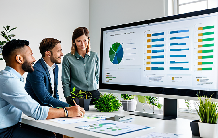 A diverse team of professional individuals, including designers, engineers, and customer representatives, in modest business casual attire, collaboratively brainstorming in a brightly lit, modern design studio. The room features elements of sustainability like lush indoor plants, samples of recycled materials, and large digital displays showing eco-friendly metrics and design schematics. They are engaged in an active discussion, pointing at screens and diagrams, illustrating co-creation of sustainable products. The atmosphere is innovative and collaborative. fully clothed, appropriate attire, professional dress, safe for work, appropriate content, family-friendly, perfect anatomy, correct proportions, natural pose, well-formed hands, proper finger count, natural body proportions, professional photography, high quality.