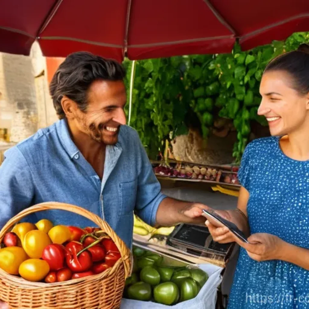 소비자 행동 연구와 비즈니스 모델 - A vibrant scene at a local French "marché paysan" (farmers' market) in a picturesque village in Prov...