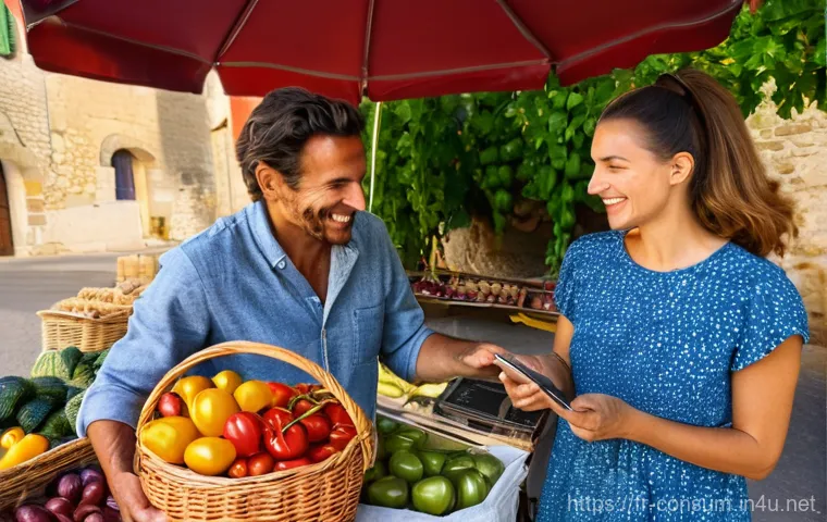 소비자 행동 연구와 비즈니스 모델 - A vibrant scene at a local French "marché paysan" (farmers' market) in a picturesque village in Prov...