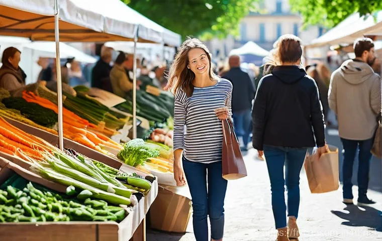 소비자전문기술사 시험 준비 스토리 - **Prompt 1: Mindful French Market Shopper**
A vibrant, sunlit outdoor French farmers' market on ...