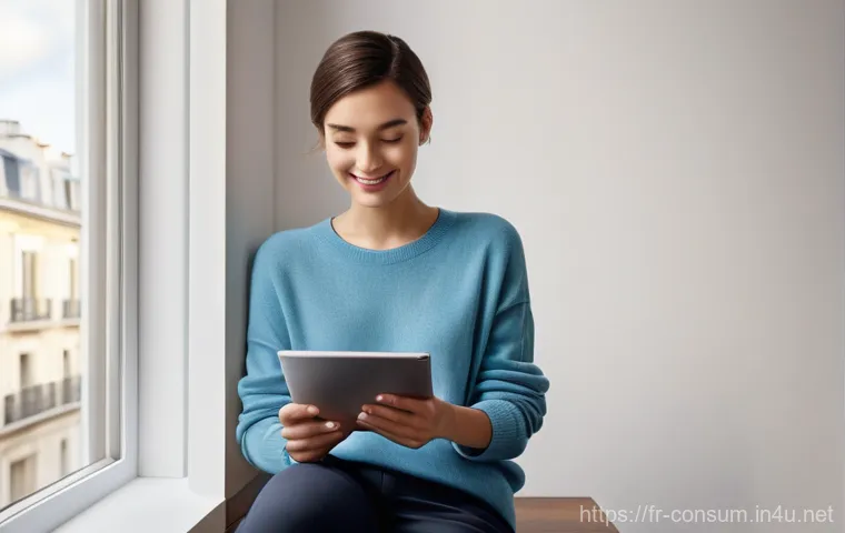 소비자중심 경영 사례와 디지털 혁신 전략 연구와 분석 - **Prompt:** A young woman, early 30s, with a warm smile, sits comfortably in a chic, minimalist Pari...