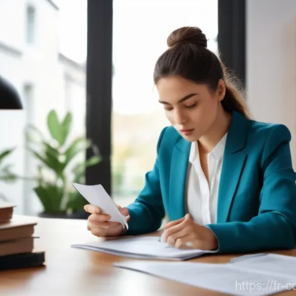 소비자 보호 관련 사례 리뷰 - A focused young woman, dressed in a smart casual outfit of a blazer and blouse, is seated at a well-...