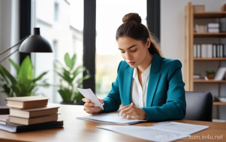 소비자 보호 관련 사례 리뷰 - A focused young woman, dressed in a smart casual outfit of a blazer and blouse, is seated at a well-...