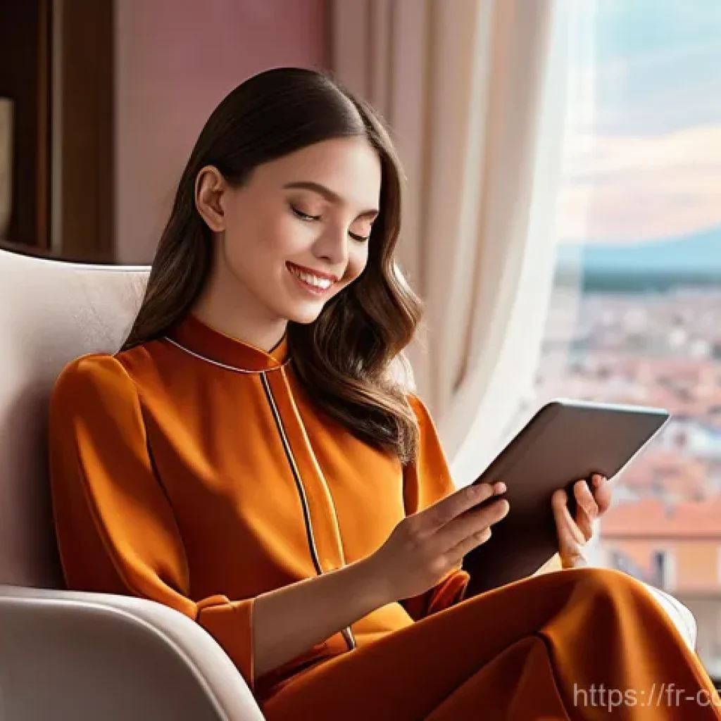 소비자 행동 데이터를 활용한 개인화 서비스 - **Prompt:** "A young woman, elegantly dressed in a chic, modest blouse and high-waisted trousers, si...