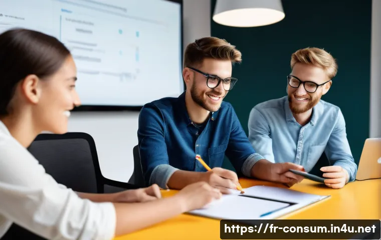 소비자중심 혁신 기업 사례 - **Prompt for Active Listening and Co-Creation:**
A vibrant, modern co-working space bathed in na...