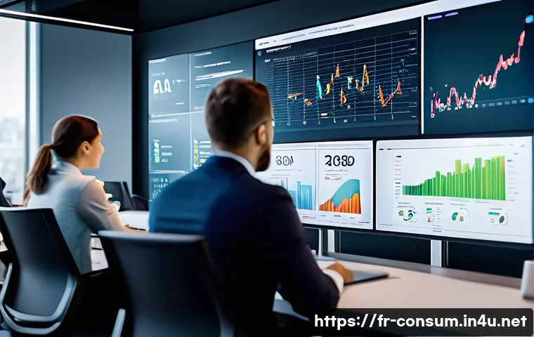 소비자 행동 데이터를 활용한 미래 전망 - A sophisticated marketing analytics control room with diverse professionals collaborating, large dig...