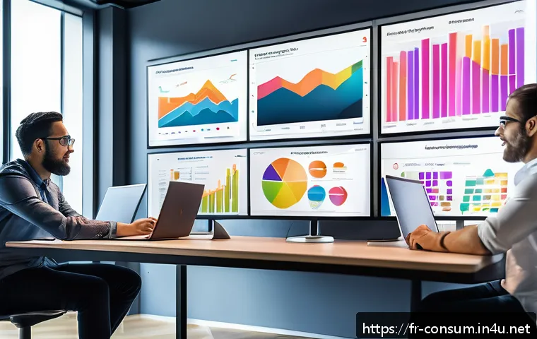 소비자 행동 데이터를 활용한 CRM 전략 - A modern office scene featuring a diverse team of marketing professionals analyzing dynamic customer...