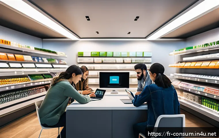 소비자 보호 관련 최신 연구와 글로벌 트렌드 분석 - A modern European online shopping scene in 2024, featuring a diverse group of consumers browsing a s...