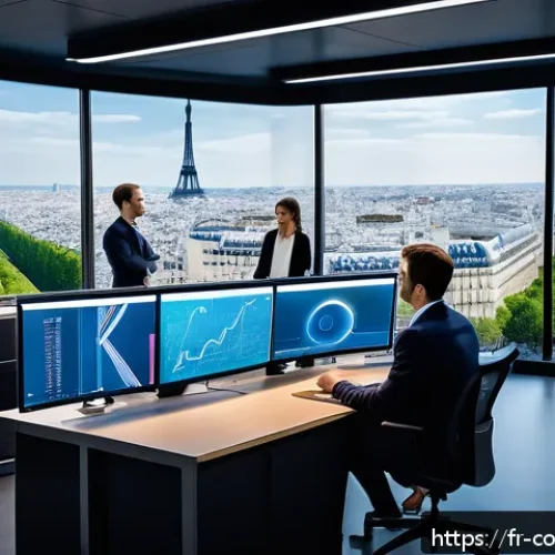 소비자 행동 데이터를 활용한 혁신 사례 - A modern marketing control room in Paris, with diverse French professionals analyzing real-time cons...