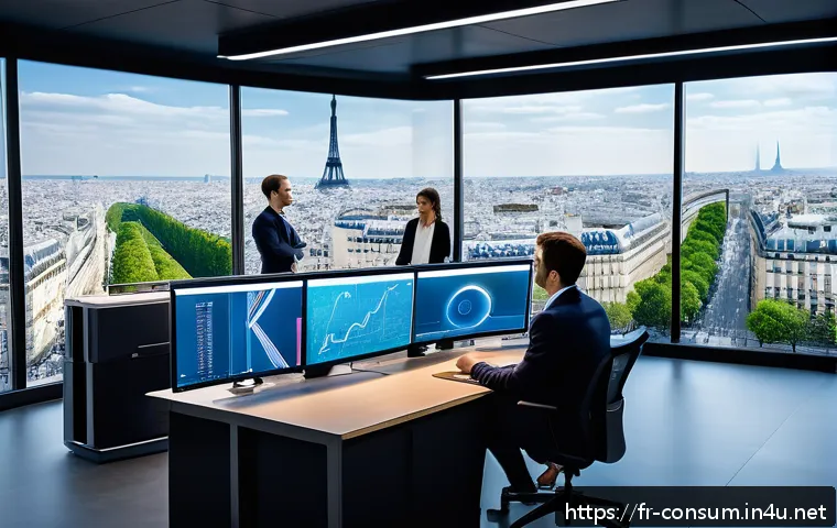 소비자 행동 데이터를 활용한 혁신 사례 - A modern marketing control room in Paris, with diverse French professionals analyzing real-time cons...