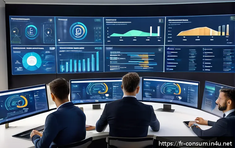 소비자 행동 데이터를 활용한 디지털 혁신과 성공 사례 - A modern digital marketing control room with multiple large screens displaying real-time behavioral ...