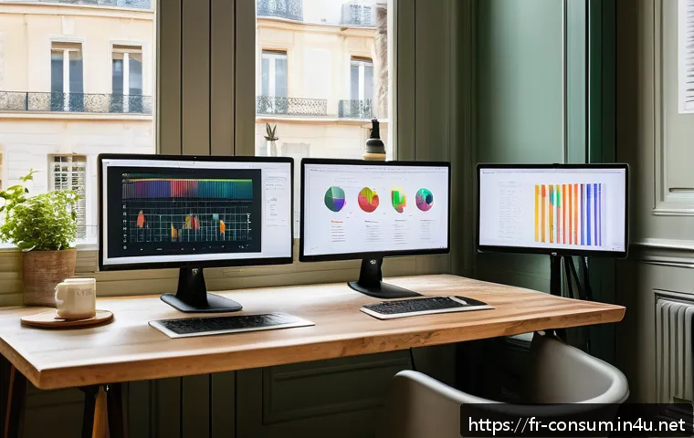 소비자 행동 분석 툴 활용법 - A modern digital marketing analyst’s workspace with multiple large screens displaying colorful heatm...