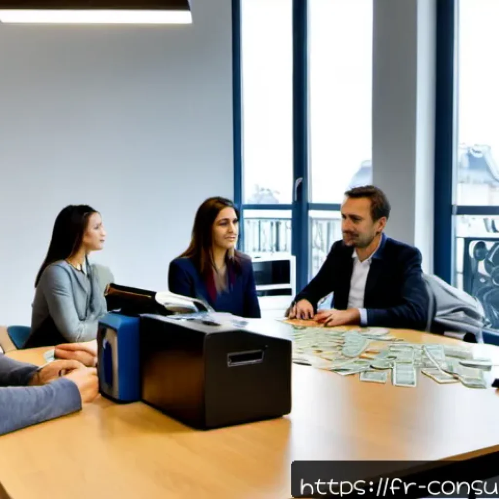 소비자 보호와 관련된 국제적 사례 연구 - Photorealistic consumer protection mediation scene in a modern Paris public service office, a French...