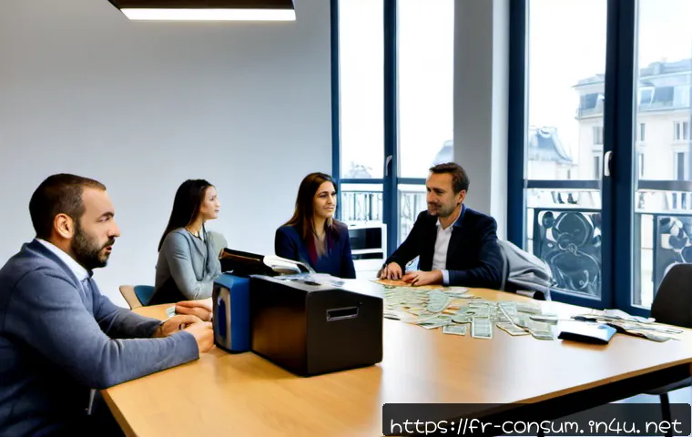 소비자 보호와 관련된 국제적 사례 연구 - Photorealistic consumer protection mediation scene in a modern Paris public service office, a French...