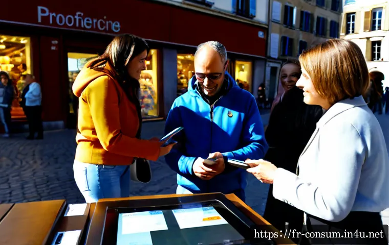 소비자 피해 예방 캠페인 성공 사례 - Photorealistic consumer protection awareness campaign in a bright French town square, diverse adult ...
