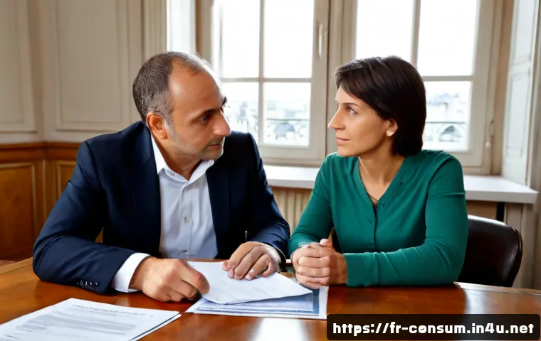 소비자 보호와 관련된 법적 대응 사례 연구 - Photorealistic French consumer protection consultation, a middle-aged woman and her adult son meetin...