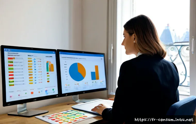 Home 17 소비자 행동 데이터 시각화 사례 - Photorealistic French retail analytics scene, an adult business analyst in a bright Paris office stu...